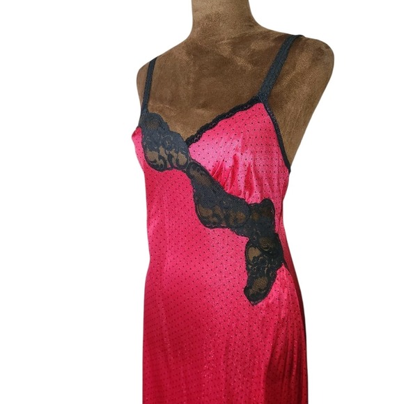 Vintage Vanity Fair Slip Dress Size XS Red Polka Dots Lace High Side Slit Long - Picture 2 of 8